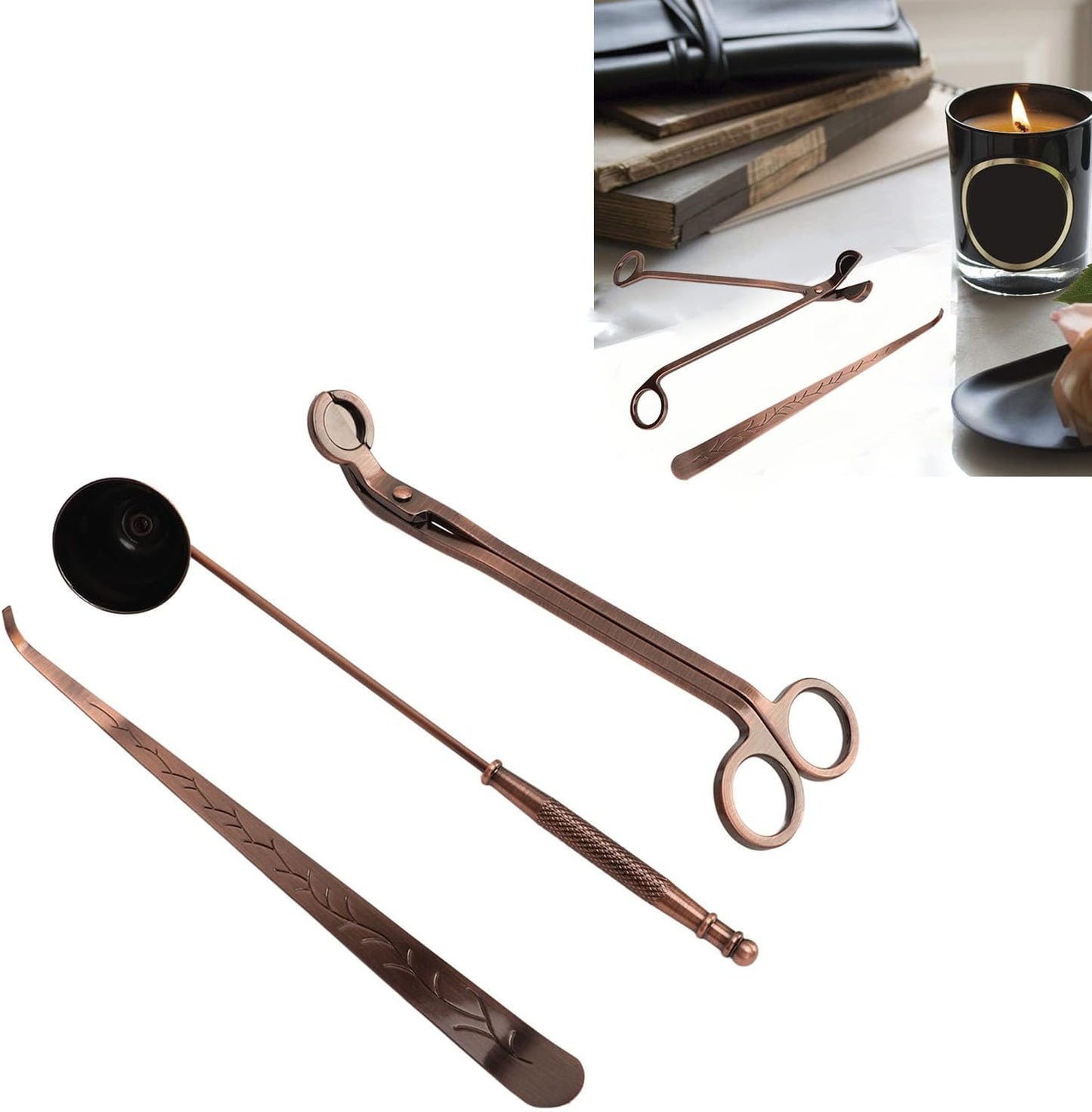 Candle Accessory Set 3 Piece Kit Stainless Steel Wick Trimmer Bronze Candle Snuffer and Cutter Tools for Candle Enthusiasts and Home Decor