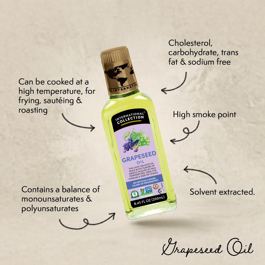 International Collection Grapeseed Oil, 8.45 fl oz (Pack of 1) | Expertly Sourced, Quality Oils | NonGMO Project Certified, No Artificial Flavors, Gluten Free, Vegan, Halal Approved