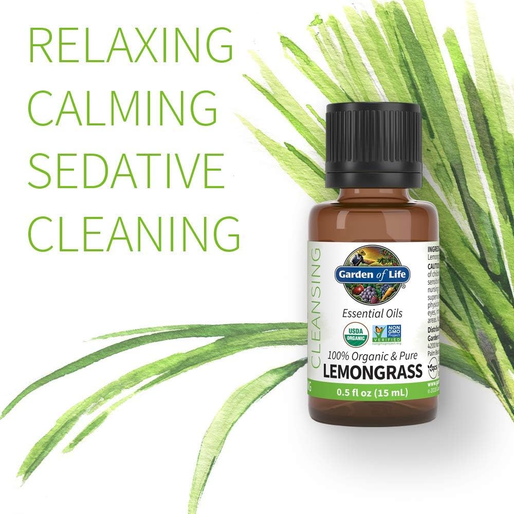 Garden of Life Essential Oil, Lemongrass 0.5 fl oz (15 mL), 100% USDA Organic & Pure, Clean, Undiluted & Non-GMO - for Diffuser, Aromatherapy, Meditation - Cleansing, Relaxing, Calming, Cleaning