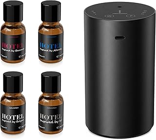 Airversa Waterless Essential Oil Diffuser Starter Kit with 4 x 10mL Hotel Scent Fragrance Oil, Aluminum Housing, Battery Operated Mini Scent Air Portable Diffuser for Home Car Office, ADX Kit Black