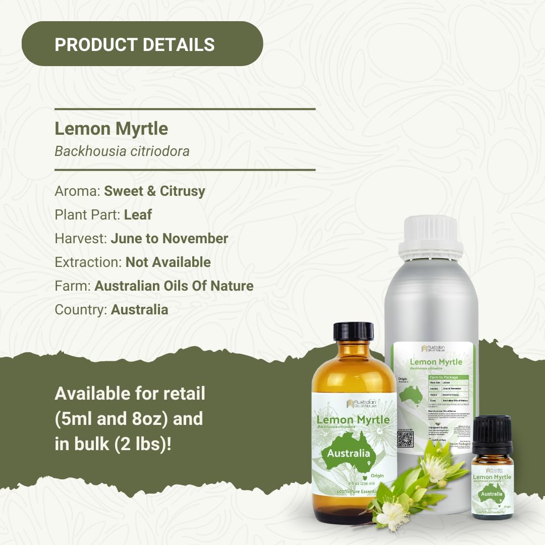 Lemon Myrtle Essential Oil - Experience an Invigorating, Fresh Citrus Aroma - Pure, Undiluted Therapeutic Grade Essential Oil - 2lbs