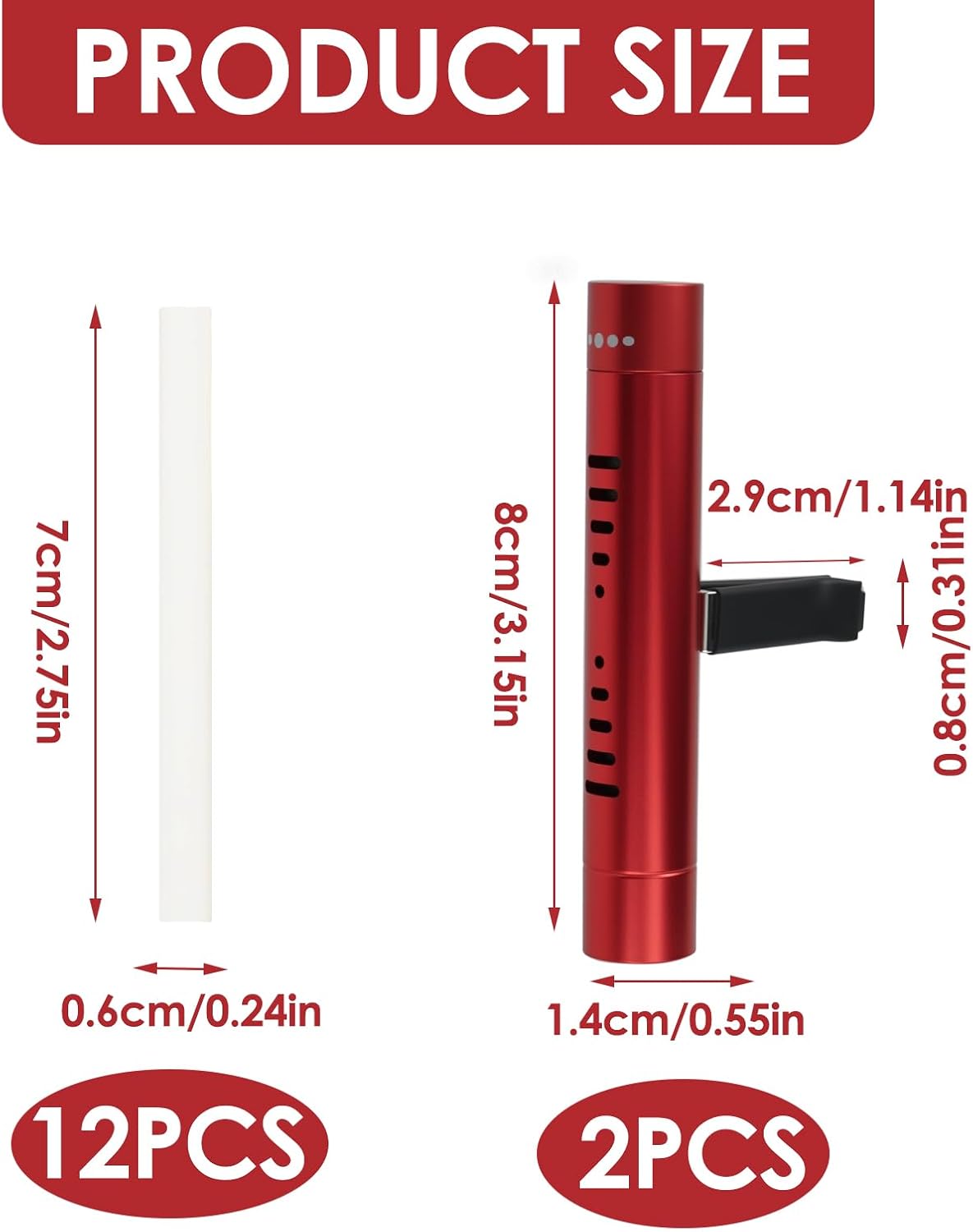2 Pack Car Essential Oil Diffuser Vent Clip, Aluminum Essential Oil Car Diffuser Kit with 12 Pcs Odorless Sticks, Vent Clip for Cars, Office, Kitchen (Red, 2 Pcs)