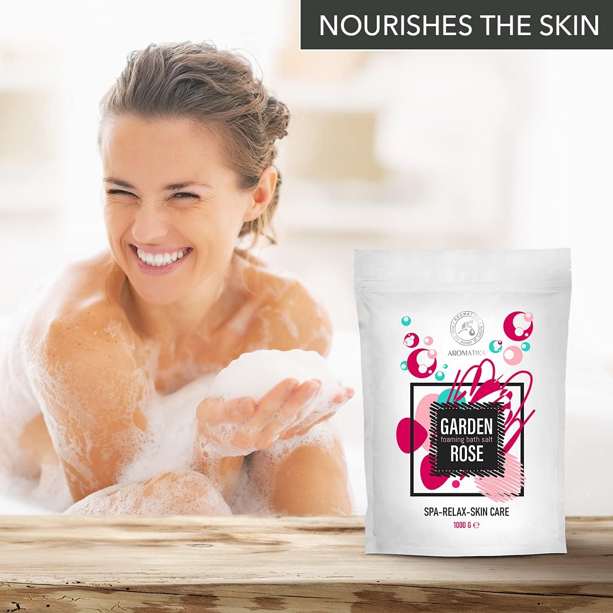 Foaming Bath Sea Salt Rose 35 Oz - 1000g - Bubble Bath Salts with Almond & Rosewood Essential Oil & Rosa Damascena Flower Extract for Bath Soak - Relaxing Bath - Aromatherapy Bath Salts