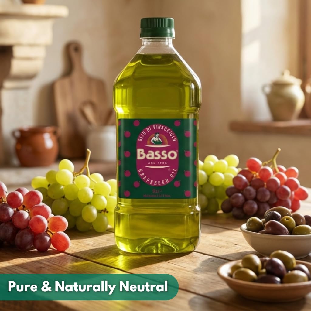 BASSO 1904 - Italian Grapeseed Oil Cooking, 67.6 fl oz (2 liters), Product of Italy, Light Neutral Oil for Everyday Kitchen Use
