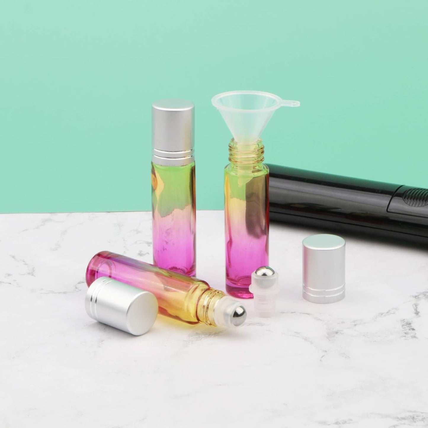 10Pcs Glass Rolling Bottles Set, 10ml (1/3oz) Yellow Rose Gradient Roll on Vials with Funnels for Essential Oil Aromatherapy Perfume Liquid Massage