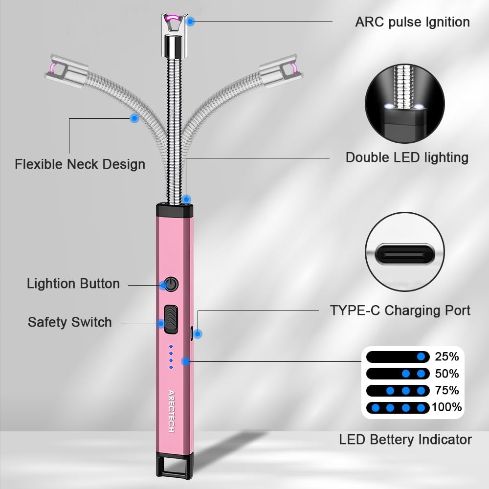 ARECTECH Candle Electric Lighter Rechargeable USB Arc Lighter for Candle Camping Fireworks Christmas Birthday Gifts with LED Light for Men Women Pink