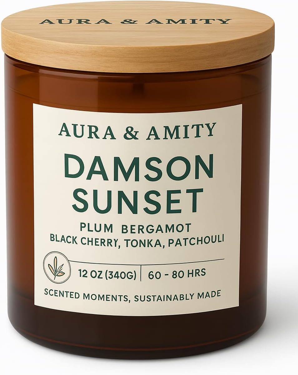 Soy Scented Candle - 12 oz Damson Sunset - Bergamot & Tonka Luxury Jar Candle for Home Decor - Long Lasting, Hand Poured in USA, Gift for Women