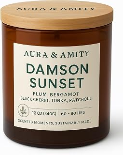 Soy Scented Candle - 12 oz Damson Sunset - Bergamot & Tonka Luxury Jar Candle for Home Decor - Long Lasting, Hand Poured in USA, Gift for Women