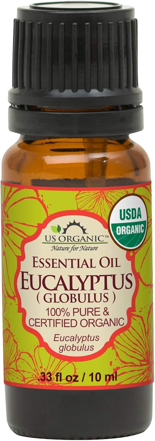 US Organic 100% Pure Eucalyptus Essential Oil (Globulus) - USDA Certified Organic, Steam Distilled - W/Euro droppers (More Size Variations Available) (10 ml / .33 fl oz)