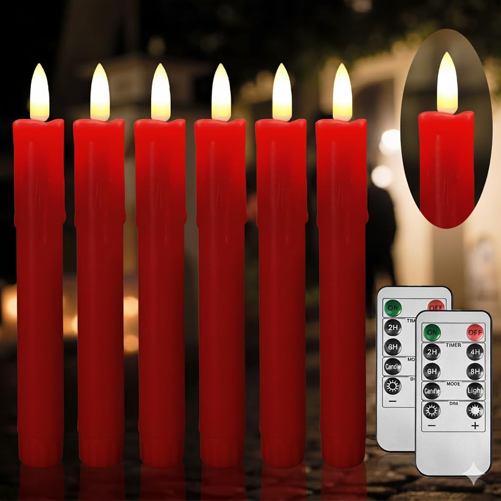 6.7 Inch LED Candles Battery Operated, Flameless Candles with Flickering 3D Flame, Led Candle Sticks Safe for Windowsill Wedding Home Christmas Decor, Red, Set of 6