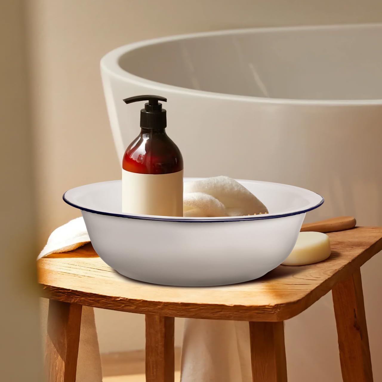 KESYOO Enamel Foot Soaking Basin, Vintage-style Foot Bath Tub, Classic Footbath for Home Spa Pedicures Washing, Slim Space-saving Design, White with Blue Rim, 11. 8 Inch