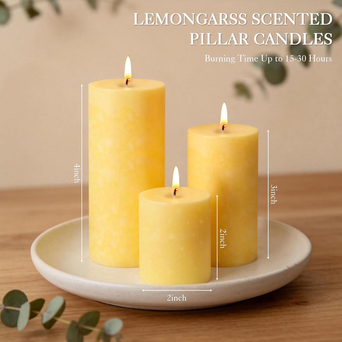 Citronella Candles Outdoor,3 Pack Lemongrass Scented Pillar Candles Indoor Outdoor,Long Lasting Citronella Pillar Candle for Home Garden Patio Yard Party Wedding(2x2in,2x3in,2x4in)
