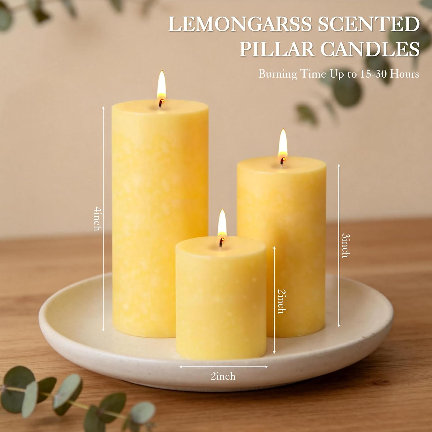 Citronella Candles Outdoor,3 Pack Lemongrass Scented Pillar Candles Indoor Outdoor,Long Lasting Citronella Pillar Candle for Home Garden Patio Yard Party Wedding(2x2in,2x3in,2x4in)