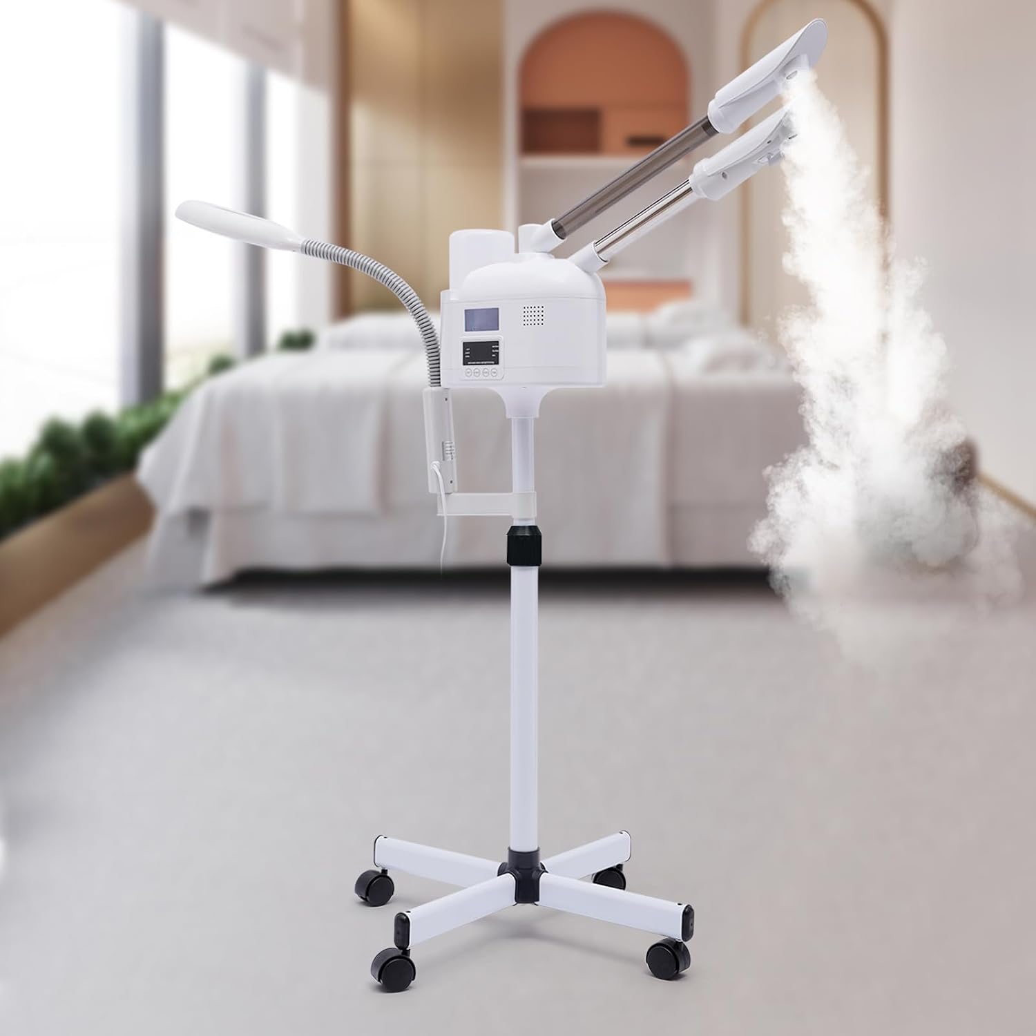 Professional Nano Ionic Hot Cold Facial Steamer with LED Magnifying Lamp, Adjustable Height, Rolling Wheels, 360° Nozzle, for Home Salon Spa Skin Care