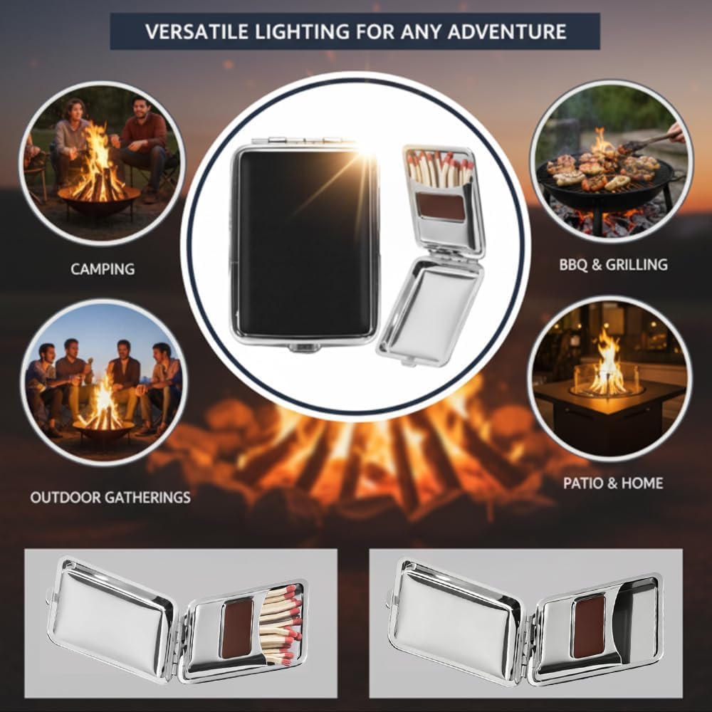 2 Pcs Portable Metal Match Storage Case with Striker Friction Plate, Reusable Stainless Steel Matchstick Holder Container, Moisture-Resistant One-Button Pocket Box for Camping, BBQ, and Survival Gear