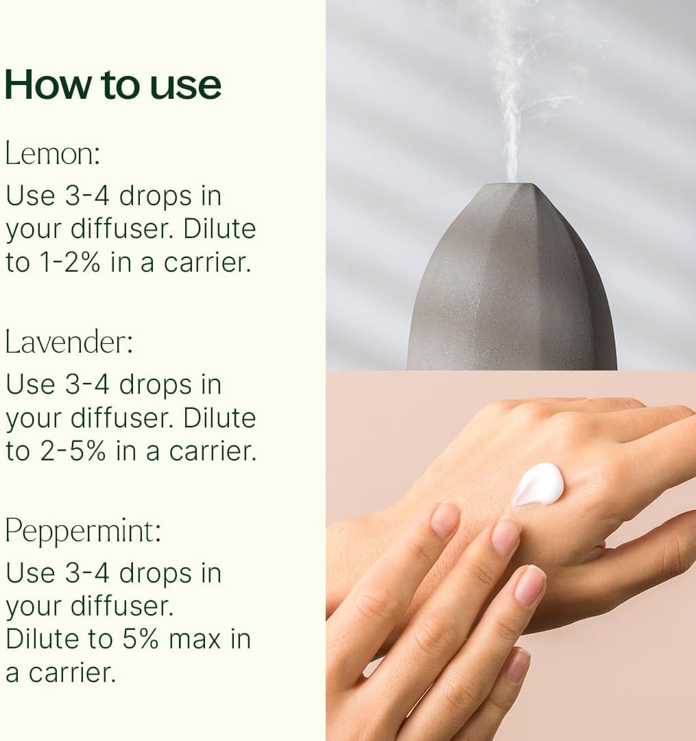 Plant Therapy Lemon, Lavender and Peppermint Essential Oil Set 10 mL (1/3 oz) 100% Pure, Undiluted, Therapeutic Grade