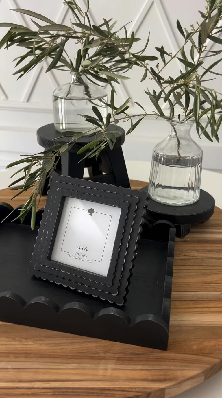Hanobe Decorative Tray for Coffee Table: Serving Tray Decor with Scalloped Edge - Black Entryway Decor for Living Room Kitchen Counter