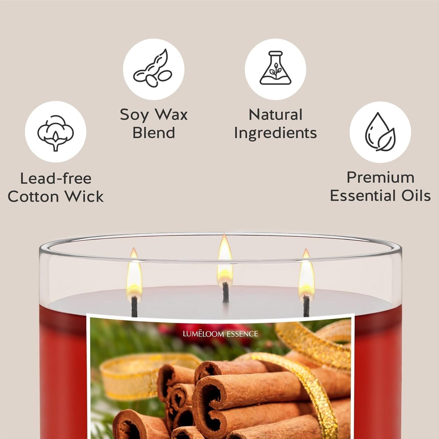 LUMELOOM Cinnamon Candles, 14.5oz, Large 3-Wick Soy Wax Candles for Home Scented, Sweet Cinnamon, Apple, Clove Scent, Holiday Gifts for Women, Men, Friend, Teacher, Long Burning Time