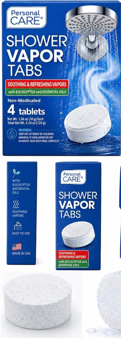 Personal Care Shower Vapor Tabs with Eucalyptus, 4 Tablets | Soothing & Refreshing, Essential Oils, Non-Medicated, Aromatherapy, Home Spa Experience