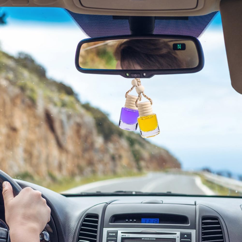 5 Pcs 5ml0.17oz Empty Hanging Car Air Freshener Diffusers Clear Glass Essential Oil Aromatherapy Pendant Vials with Wooden Caps and String Refillable Perfume Bottles for Fragrance