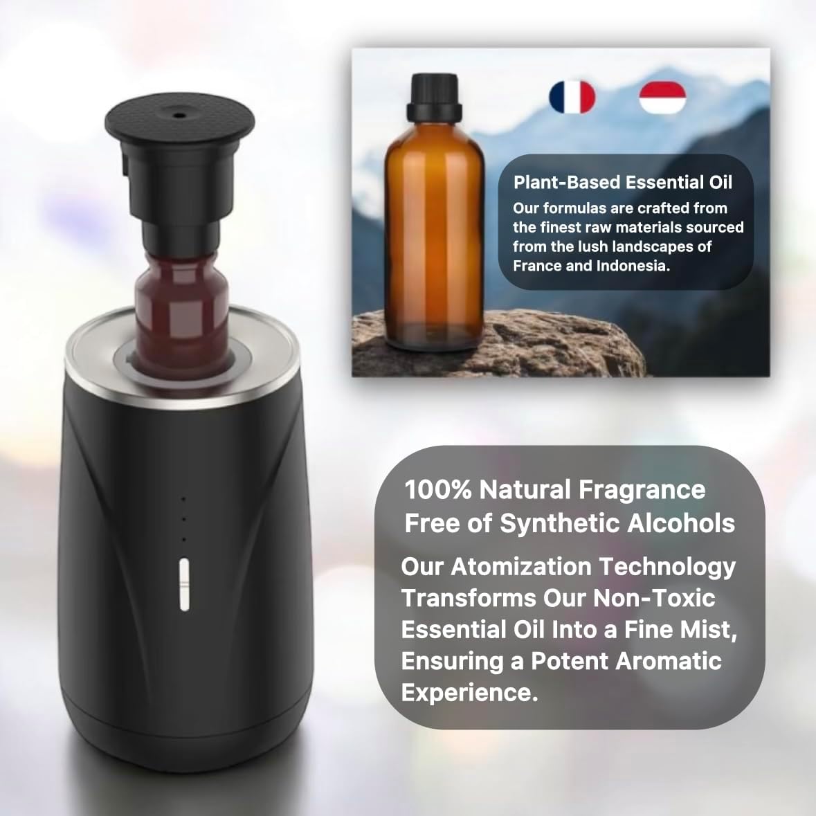 Smart Scent Diffuser – 2-in-1 for Car & Home, Waterless Essential Oil Air Freshener, Auto-On/Off Vibration Sensor, Quiet, USB-C Rechargeable, 2000mAh Battery