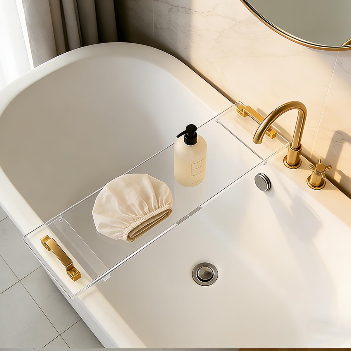 33in Clear Acrylic Bathtub Caddy with Metal Handles, Multifunctional Bath Tub Tray Bathtub Shelf Tray Simple Bath Board for Wine Glass,Book & Bathroom Essentials, Tubs Spa Gift for Men & Women