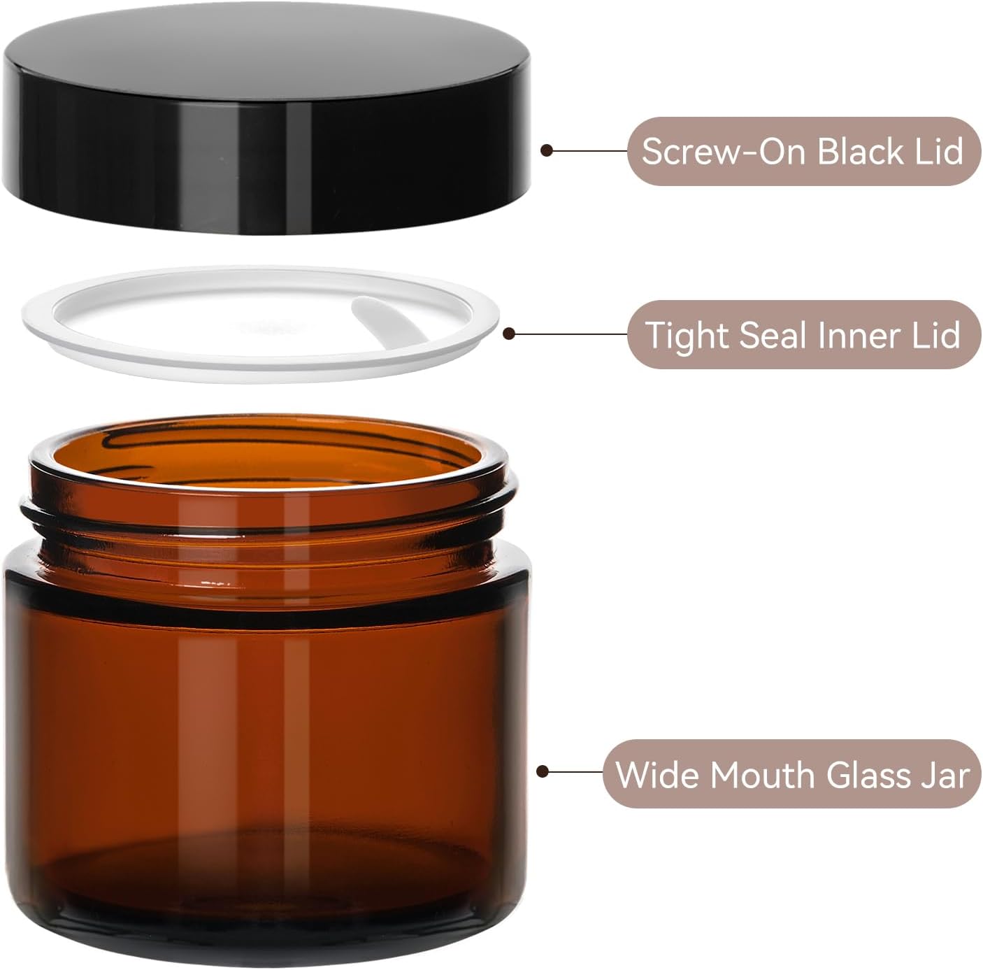 2 Oz Small Glass Jars with Lids, 12 Pack Airtight Amber Cosmetic Jars with Inner Liners Round Empty Travel Sample Containers for Lotions, Creams, Candles, Body Butters