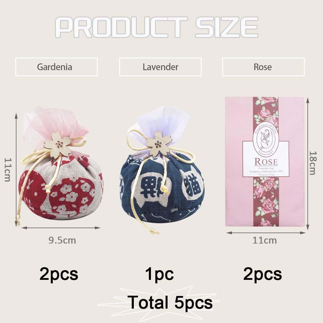 5-Pack Scented Sachets, Air Freshener Bags for Drawers, Closets, Cars, Long-Lasting Sachet Bag Home Fragrance Fresh Scent, Lavender,Rose and Gardenia