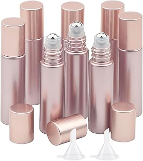 8Pcs 10ml Essential Oil Roller Bottles, 1/3 oz Refillable Roll On Vials with Funnels, Small Glass Containers with Stainless Steel Ball for Perfumes Aromatherapy Liquid, Matte Rose Gold