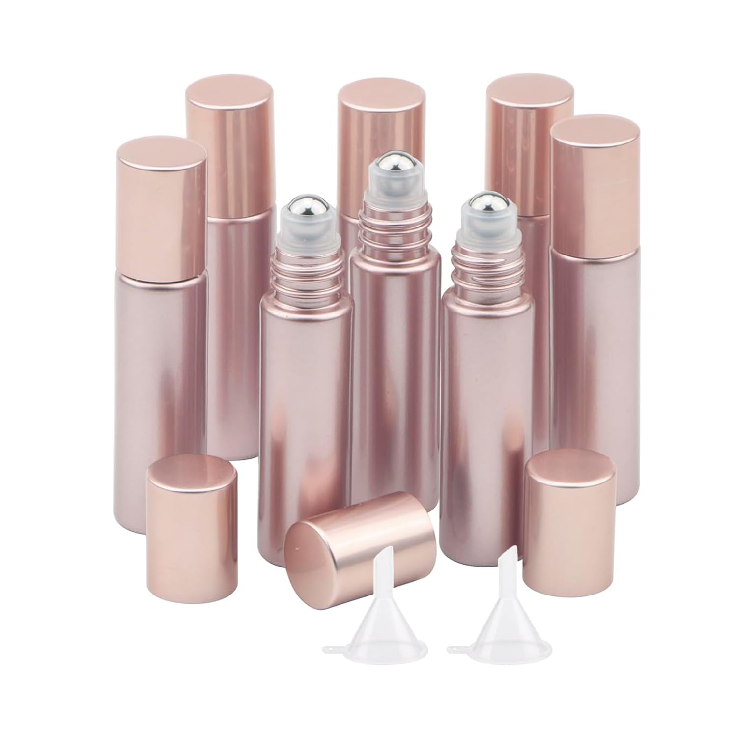 8Pcs 10ml Essential Oil Roller Bottles, 1/3 oz Refillable Roll On Vials with Funnels, Small Glass Containers with Stainless Steel Ball for Perfumes Aromatherapy Liquid, Matte Rose Gold