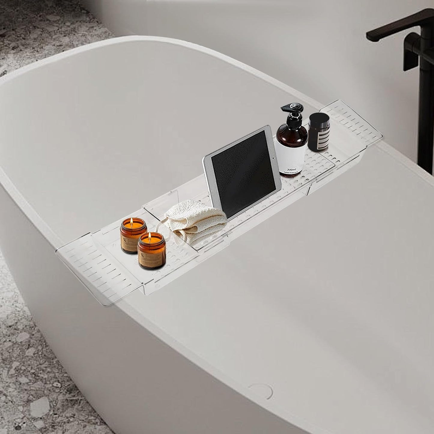 Expandable Clear Bathtub Tray, 24–32 in Slide-Out Flat Bath Shelf, Plastic Waterproof Spa Caddy for Tub & Shower, No-Slip Side Grips, Book Phone Wine Rest, Lightweight Easy-Wipe Storage Board