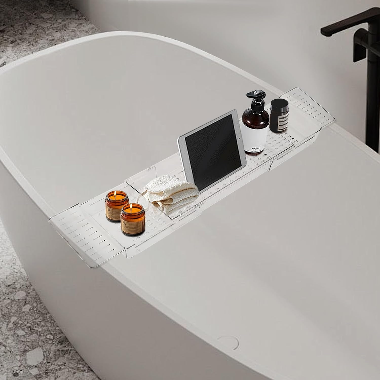 Expandable Clear Bathtub Tray, 24–32 in Slide-Out Flat Bath Shelf, Plastic Waterproof Spa Caddy for Tub & Shower, No-Slip Side Grips, Book Phone Wine Rest, Lightweight Easy-Wipe Storage Board