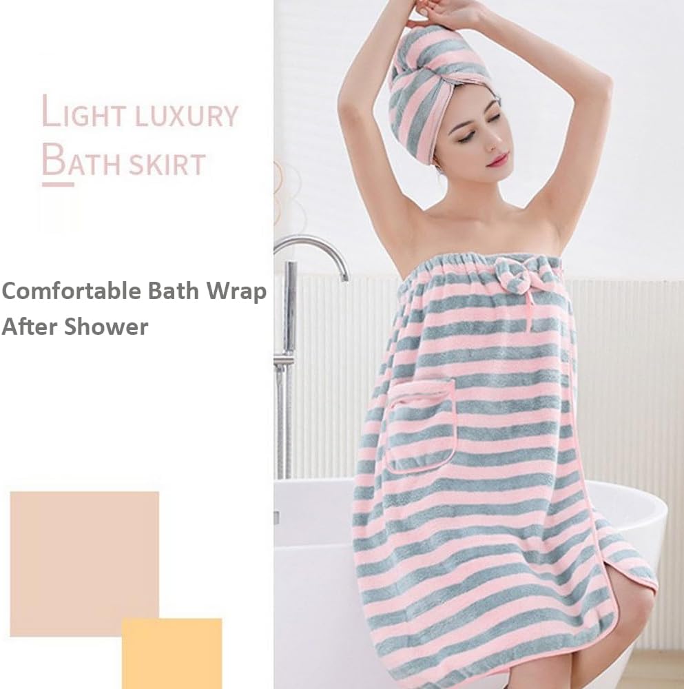 Towel Wrap for Women with Hair Towel, Adjustable Plush Absorbent Shower Spa Bath Wrap + Hair Drying Towel Sets (Grey/Pink, Medium)