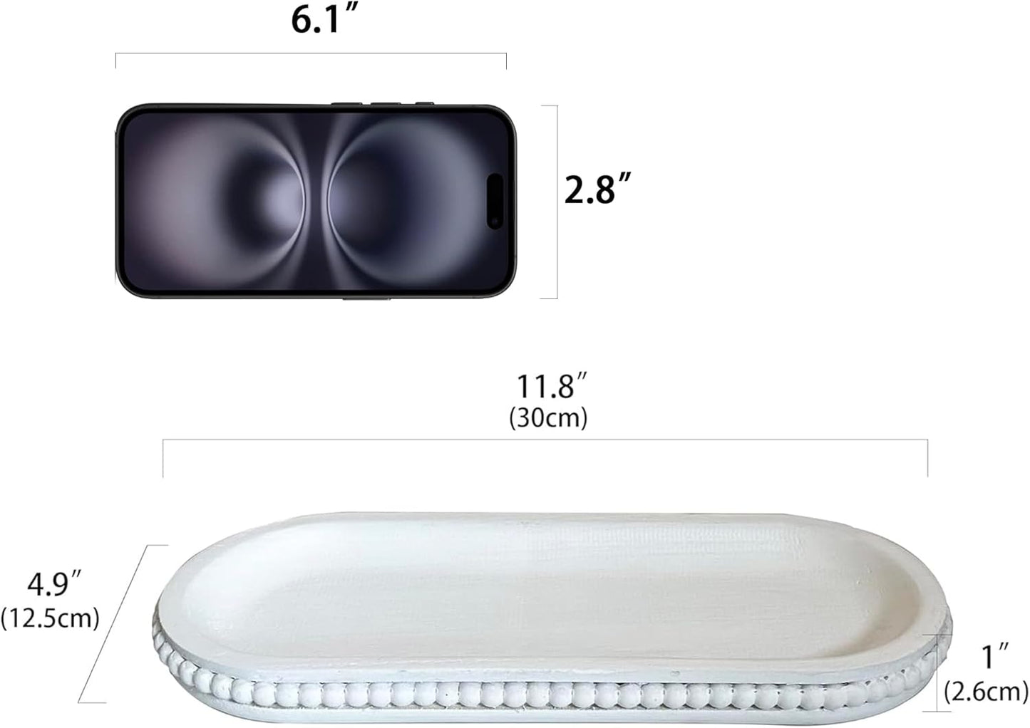 dwellington Wooden Farmhouse Decorative Tray, 12in Rustic Beaded Tray for Living Room Decor, Kitchen Table Décor, Oval Coffee Table Serving Tray (White)
