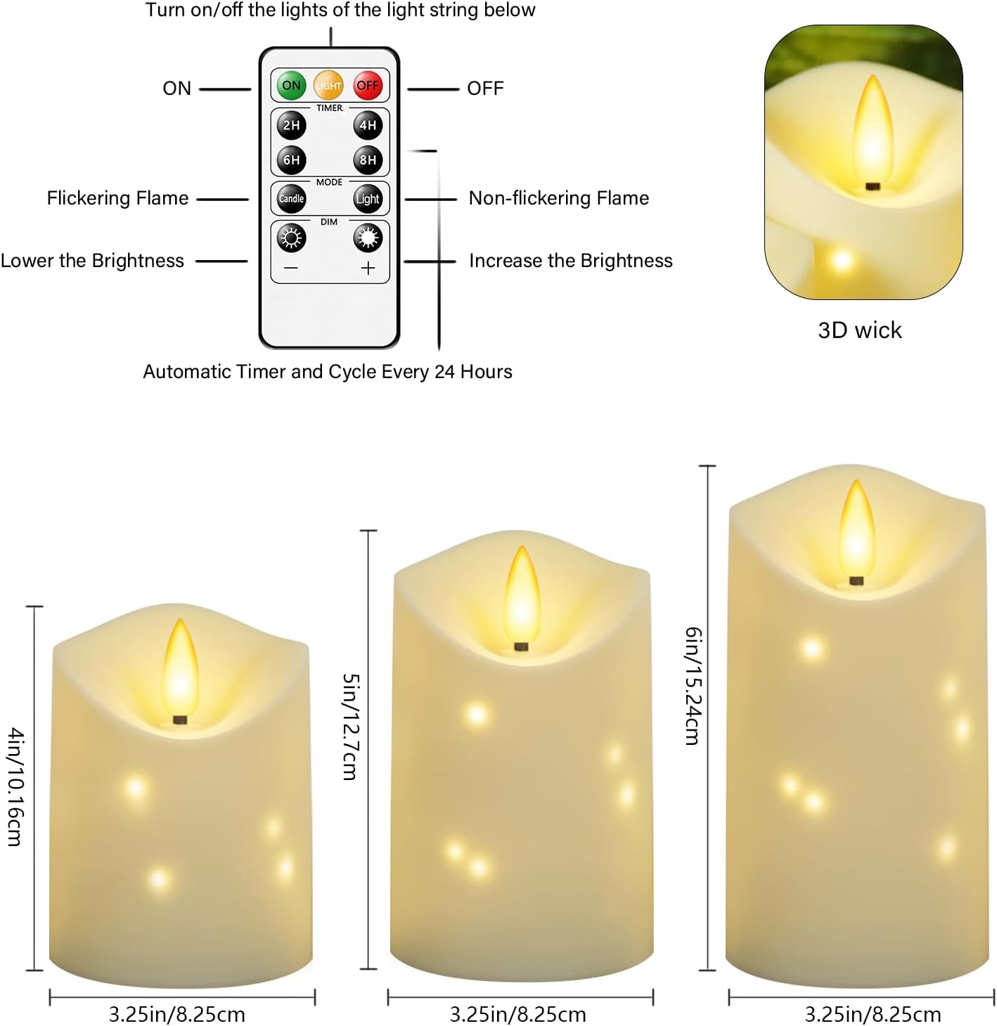 kakoya Outdoor Waterproof Flickering Flameless Candles with Embedded Star String,3Pcs LED Pillar Candles Battery Operated with Remote and Timers for Courtyard,Porch,Camping,Holiday Decoration(Ivory)