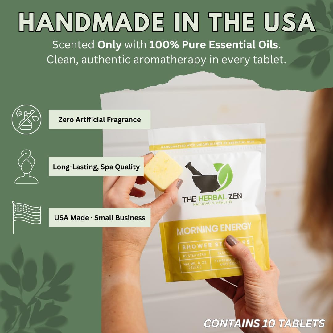 Morning Energy Shower Steamers Aromatherapy 10 Pack - Energizing Peppermint and Lemon Essential Oils for Morning Energy - USA Made Natural Shower Bombs Aromatherapy Gift - The Herbal Zen