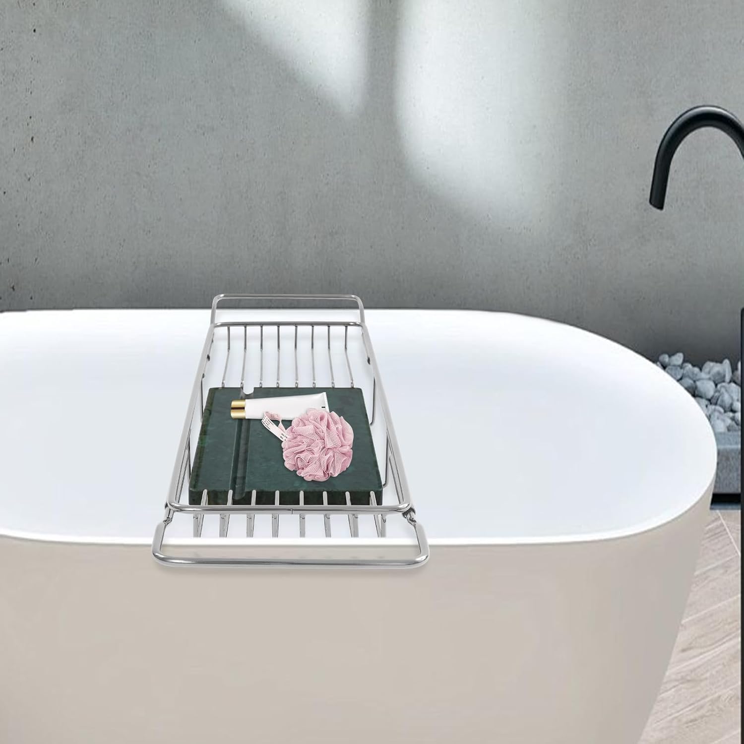 Bacocoo Bathtub Tray Caddy for Luxury Bath Expandable Extra Wide Bath Tub Tray with Natural Marble Tray and Mobile/Tablet Stand, Ideal for Home Spa Lovers. (Sliver+Green)