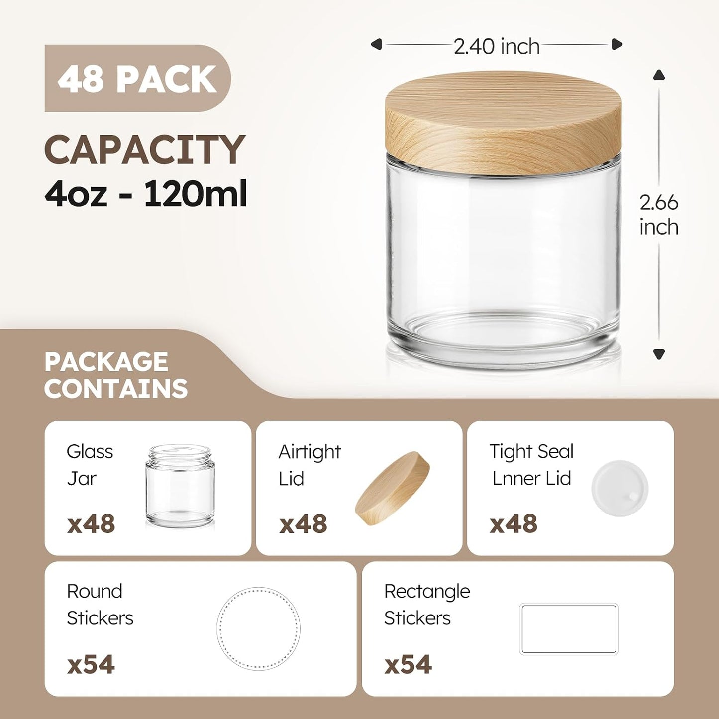 4 oz Glass Jar with Lids, 48 Pack Small Glass Candle Jars with Lids & Sticker, Empty Cosmetic Containers for Sample, Cream, Spice, Lotion, Ointments（Plastic Woodgrain）