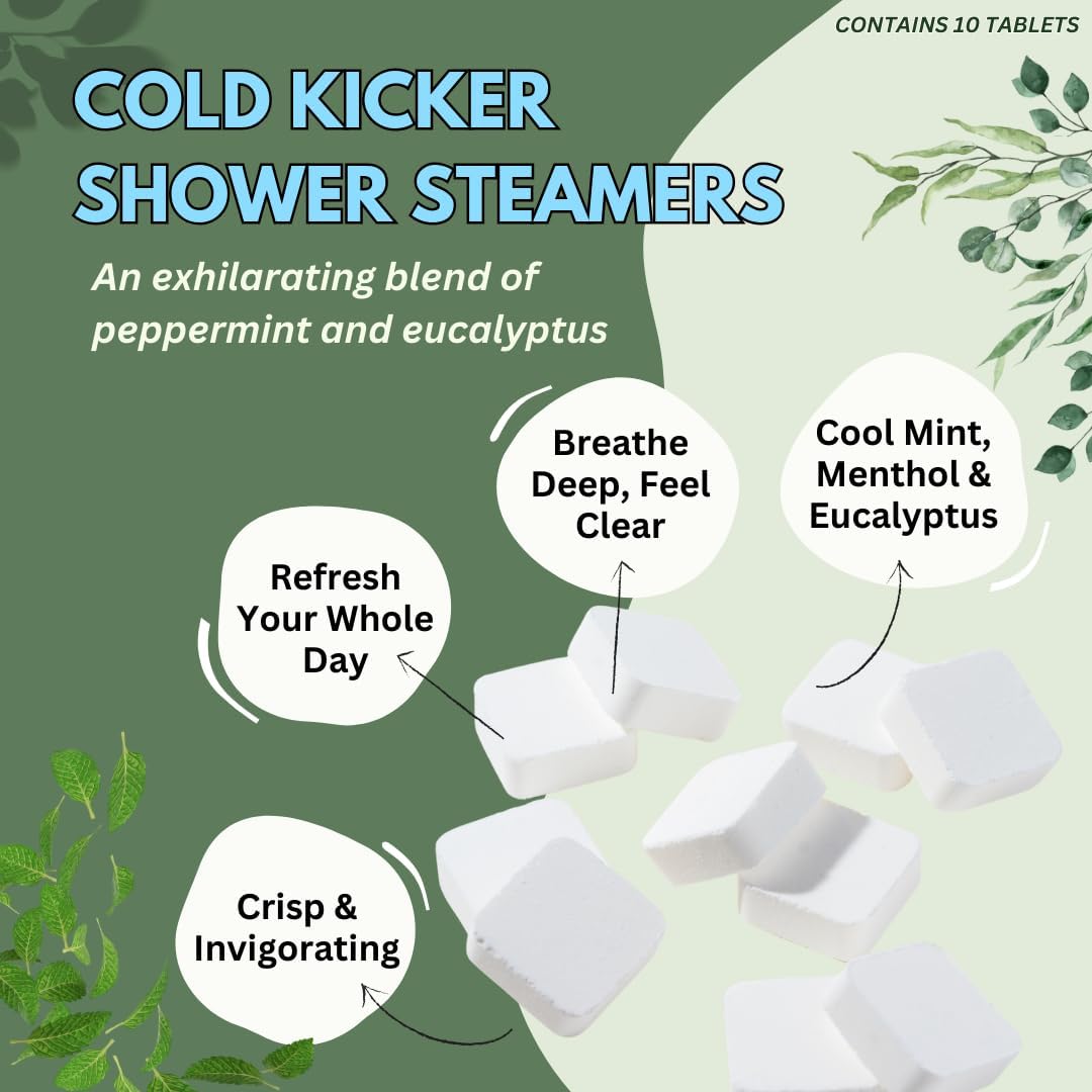 Cold Kicker Shower Steamers Aromatherapy for Relief - USA Made - Peppermint & Eucalyptus Shower Bomb Tablets - Mothers Day Gift for Mom - Soothing Natural Essential Oils (10 Pack)