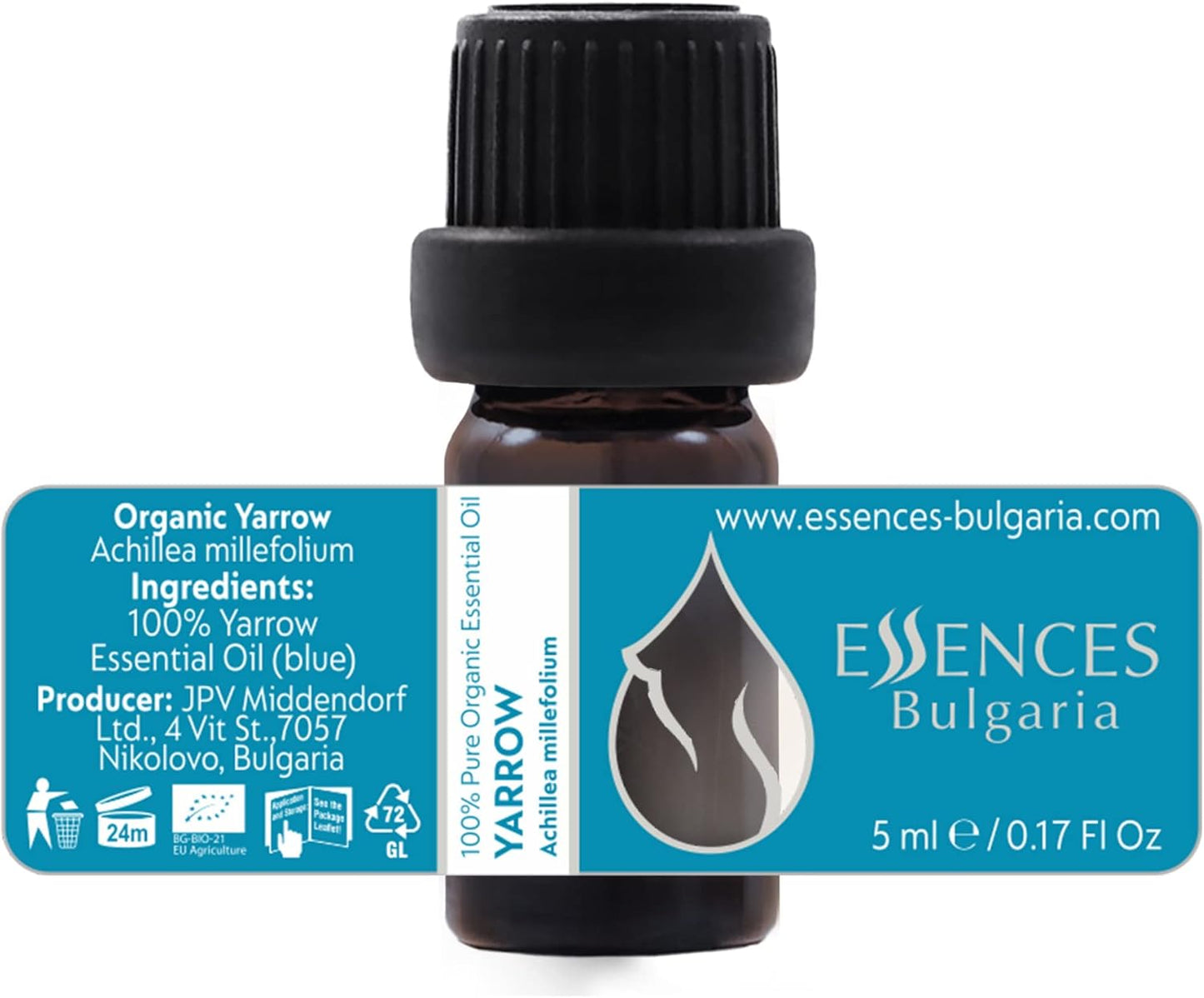 Essences Bulgaria Organic Yarrow Essential Oil 1/6 Fl Oz | 5ml | Achillea millefolium | 100% Pure and Natural | Undiluted | Therapeutic Grade | Family Owned Farm | Steam-Distilled | Non-GMO | Vegan