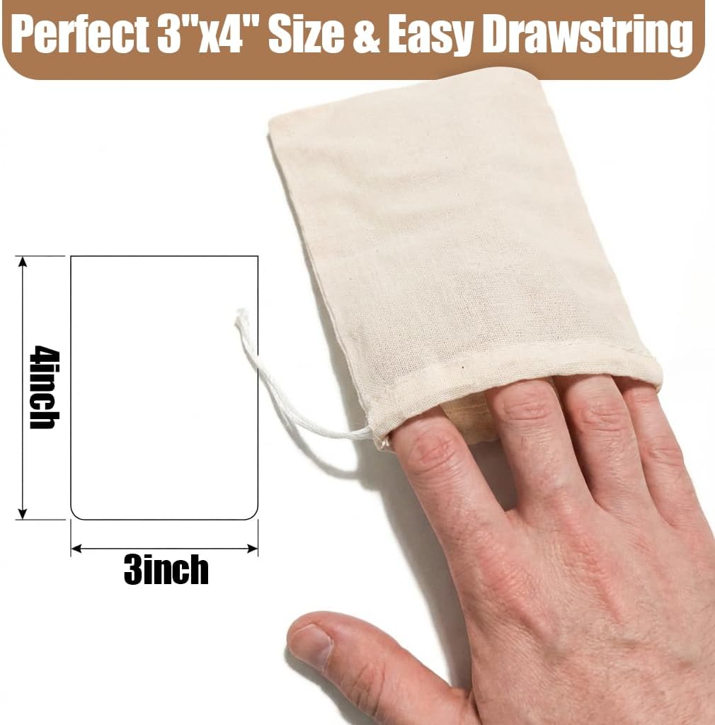 60Pcs Reusable Tea Bags for Loose Leaf Tea, 3x4inch Sachet Bags Empty, Unbleached Muslin Cloth Bag with Drawstring for Potpourri Spice Rosemary cheese cloths cheesecloth Coffee Herbs Cooking Soup
