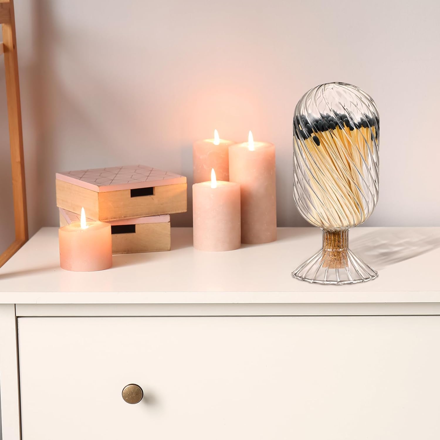 Cinnvoice Helix Shaped Glass Matches Cloche Decorative for 4 Inch Candle Matches Trendy Fireplace Display Decor, Not Include Matches(Clear,2.95 x 6.1 inches)