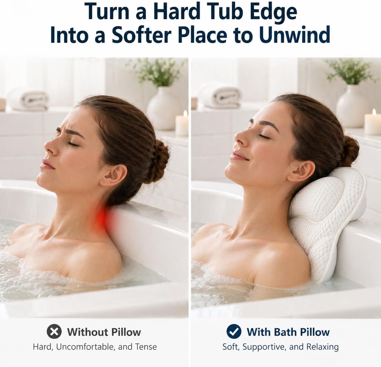 Bath Pillow Bathtub Pillow, Bath Tub Pillows for Head and Neck, Bath Tub Pillow Headrest with Soft Air Mesh Fabric & Strong Suction Cups, Relaxing Bath and Spa Accessories(White)