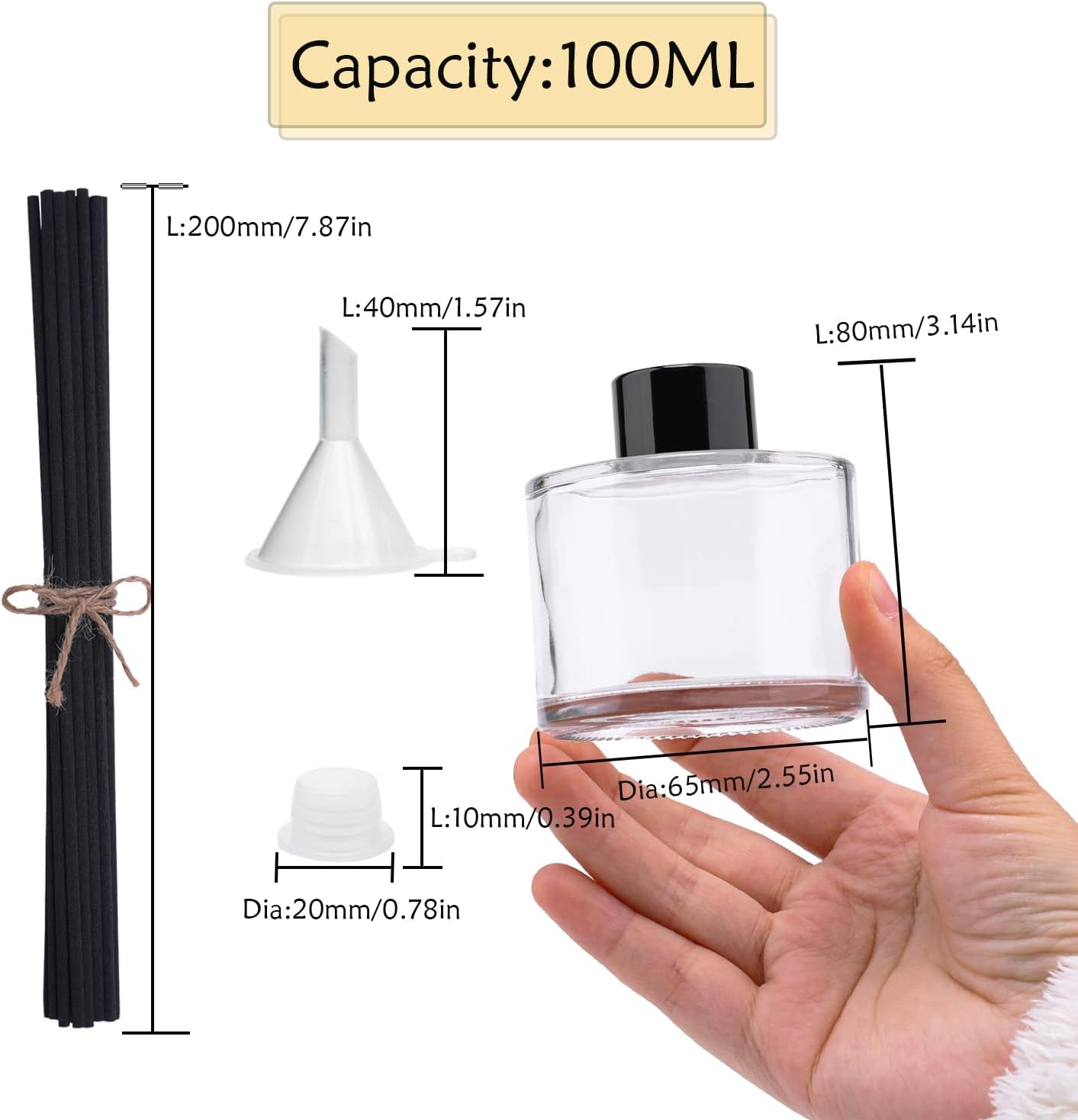 4PCS Fragrance Glass Diffuser Bottles, Refillable Diffuser Bottles with 20pcs Reeds Sticks & Black Caps & Funnel, Diffuser Jars for Home Oil Fragrance Decoration Girl Women Gift (100ML)