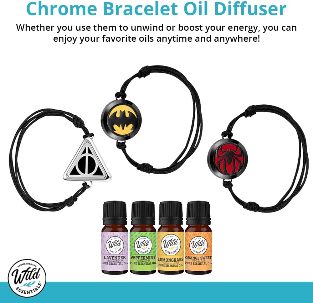 Wild Essentials Black Chrome Bat Essential Oil Diffuser Bracelet Gift Set with Aromatherapy Pendant, Adjustable Nylon Band, 12 Pads and 100% Pure Oils; Lavender, Lemongrass, Orange and Peppermint