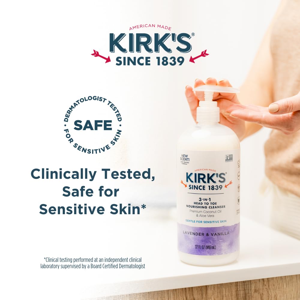 Kirk's Lavender & Vanilla 3-in-1 Nourishing Cleanser, Shampoo Body Wash Bubble Bath, Coconut Oil and Aloe Vera, Vegan Non-GMO, 32 Fl Oz