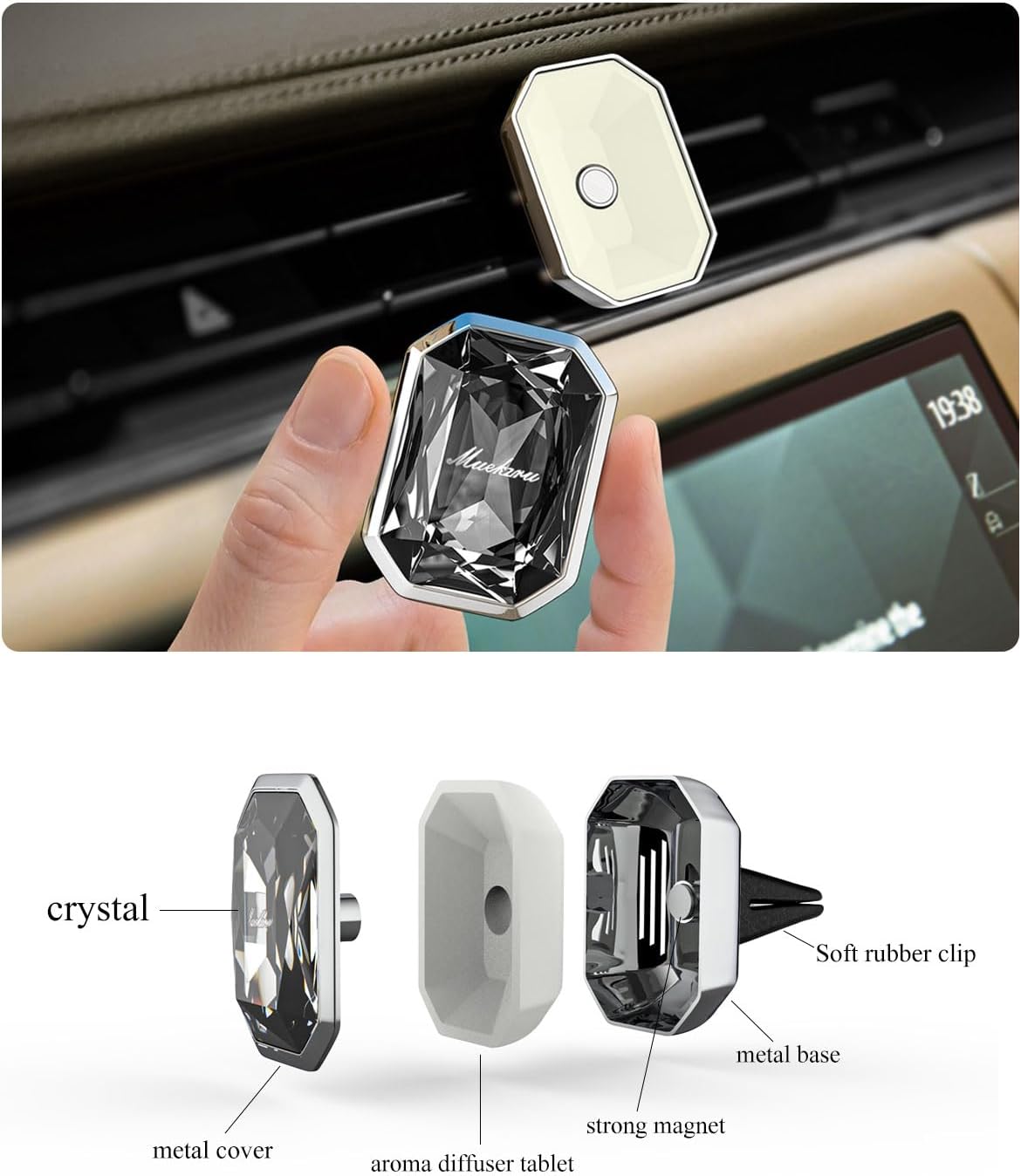 muekzru Car Air Freshener Diffuser,Essential Oil Diffusers Vent Clip,Advanced Crystal Automotive Parts，Contains 2 odorless container pieces,Metal and Crystal Design，First choice for gifts