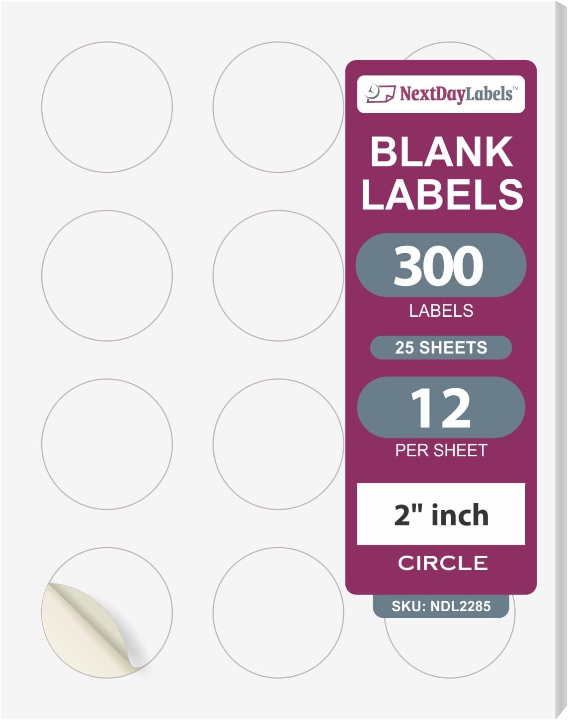 NextDayLabels 2 Inch Round Circle Stickers White for Bleeds Laser Inkjet - 12 Per Sheet Self-Adhesive Candle Jar Product Lids Made in USA - 300 Labels