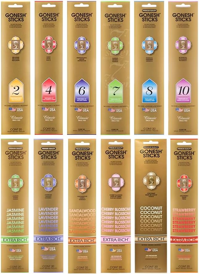 Gonesh - Incense Sticks Variety Pack - Non-Toxic 10” Slow Burn Aromatic Sticks - Classic Collection & Extra Rich Collection - 12 Packs of 20