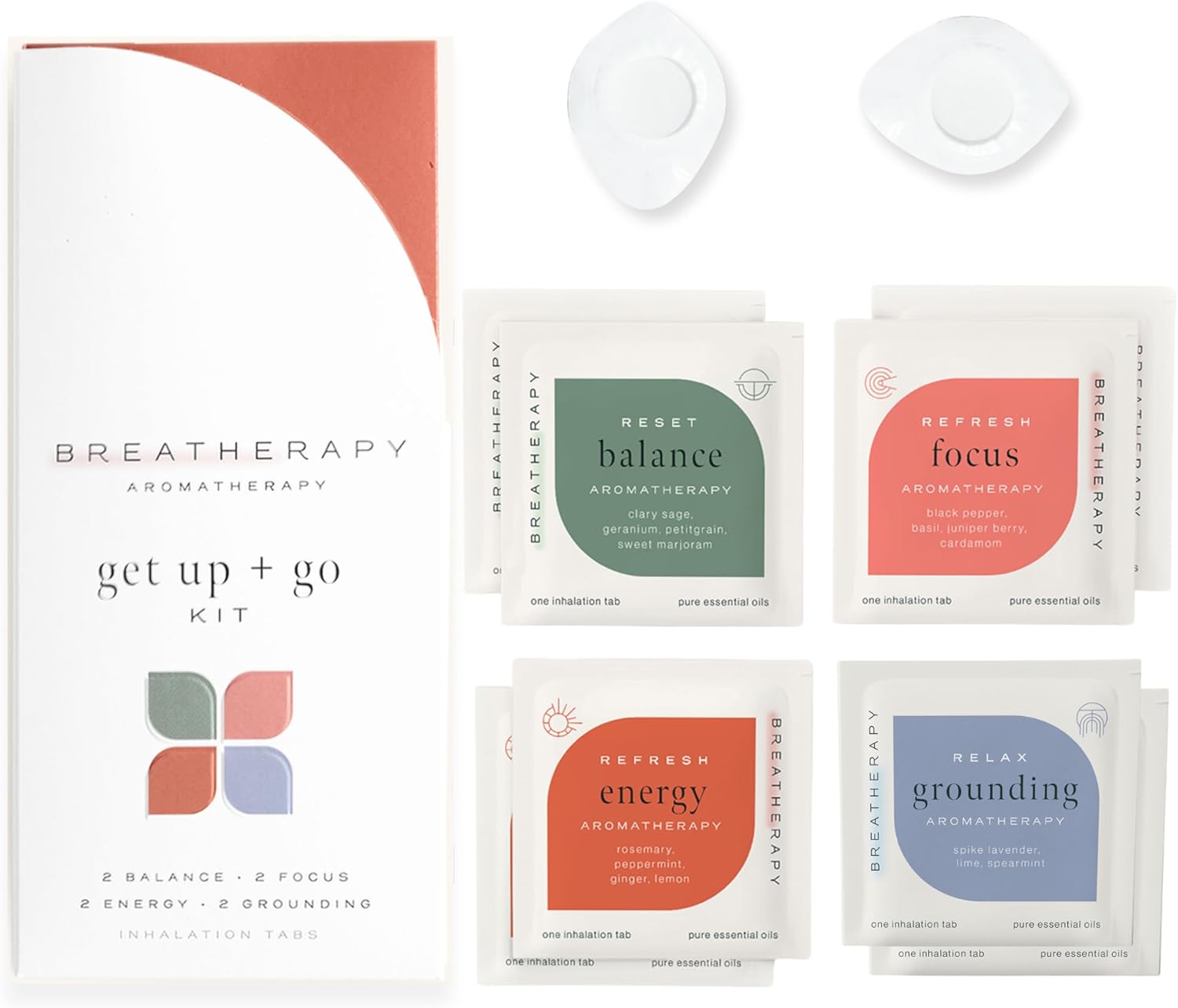 Get Up + Go Kit - Pure Essential Oil Aromatherapy InhalationTabs, 8-Pack (2 Each: Energy, Focus, Balance, Grounding)